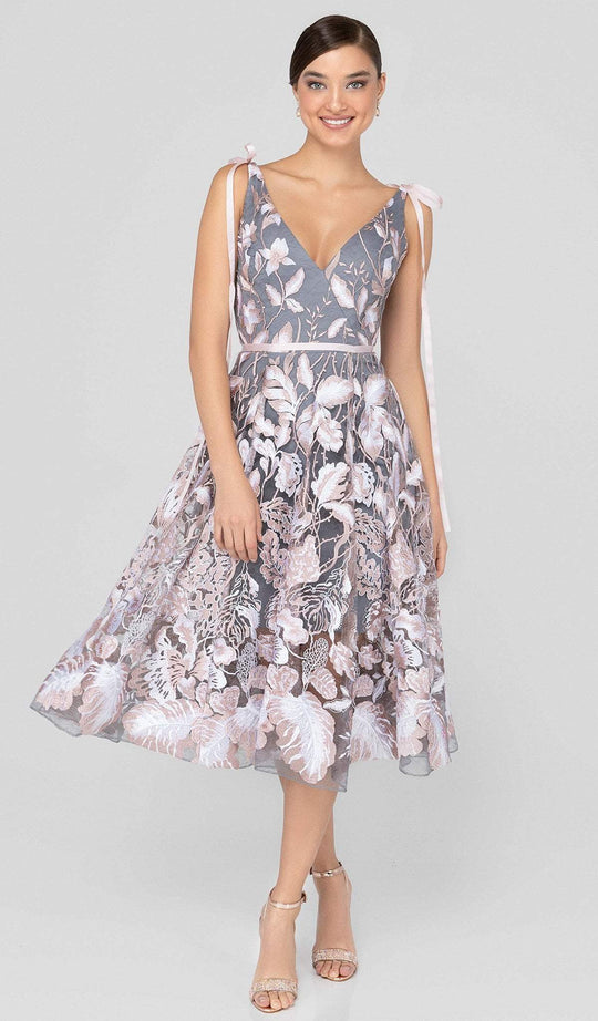 Terani Couture - 1912C9044 Floral V-Neck A-Line Tea-Length Dress In Pink and Silver