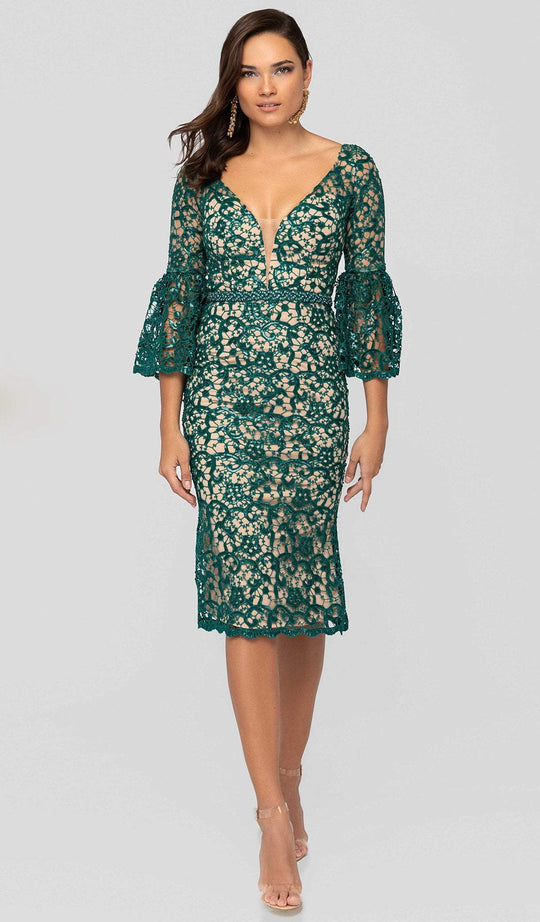 Terani Couture - 1912C9644 Lace Bell Sleeve Deep V-neck Trumpet Dress In Green