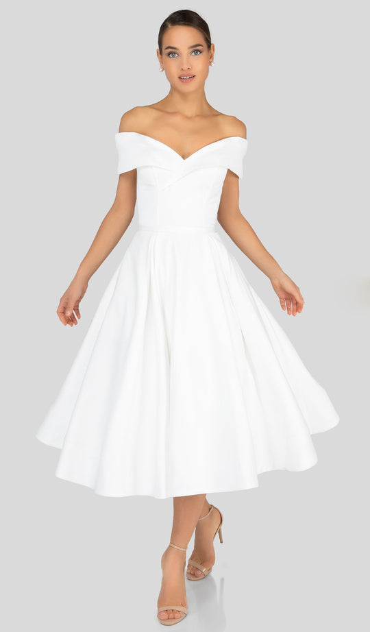 Terani Couture - 1912C9656 Off-Shoulder Tea Length A-line Dress In White