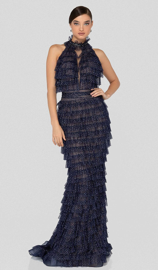 Terani Couture - 1912E9149 Plunging Cutout Shirr Paneled Long Gown In Blue and Silver