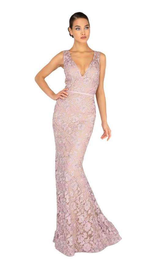 Terani Couture - 1912E9163 Embroidered Plunging V-neck Trumpet Dress