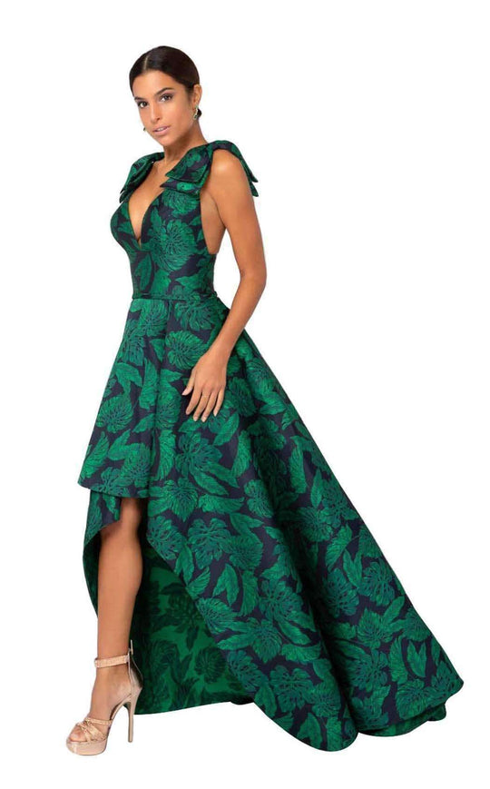 Terani Couture - 1912E9169 Printed Plunging V-neck A-line Dress