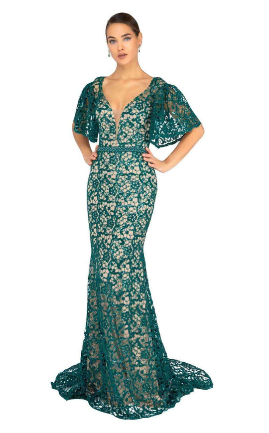 Terani Couture - 1912E9177 Fully Lace Deep V-neck Trumpet Dress