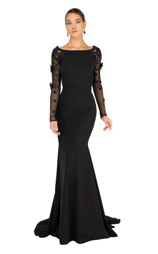 Terani Couture - 1912E9179 Long Sleeve Applique Bateau Trumpet Dress