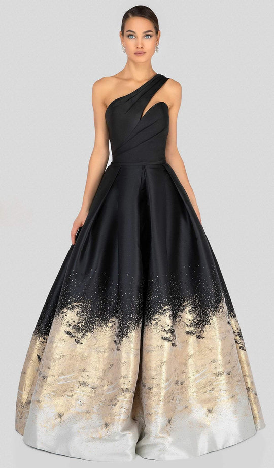 Terani Couture - 1912E9180 Two Tone Asymmetric Pleated Ballgown In Black and Gold