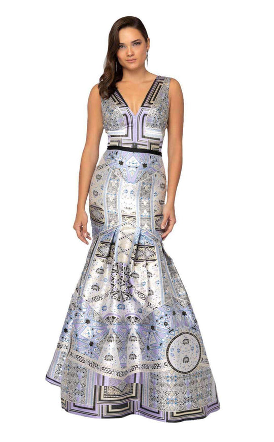Terani Couture - 1912E9182 Printed Plunging V-neck Mermaid Dress
