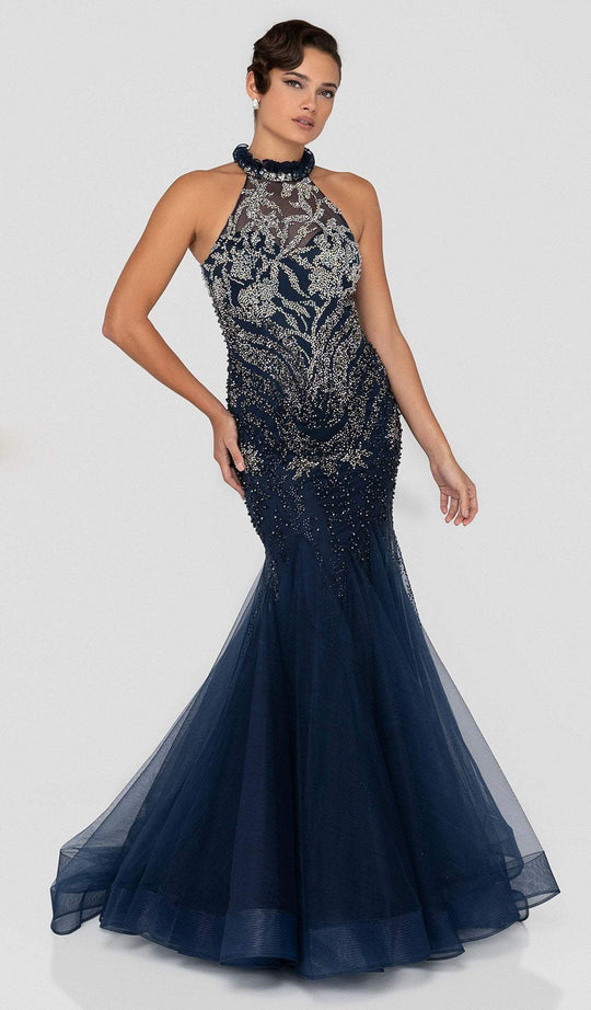 Terani Couture - 1912GL9556 Embellished High Halter Mermaid Dress In Blue