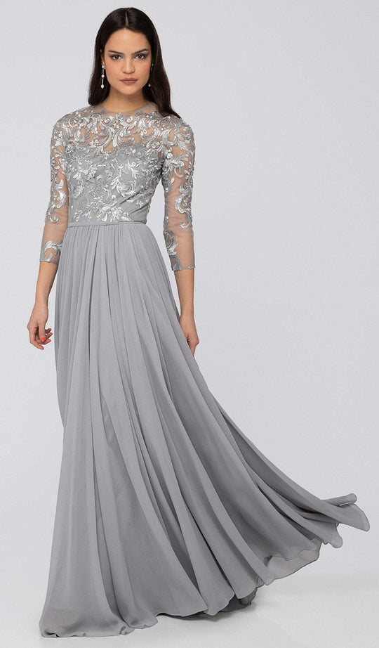 Terani Couture - 1912M9346 Embroided Quarter Length Sleeve Aline Dress In Silver