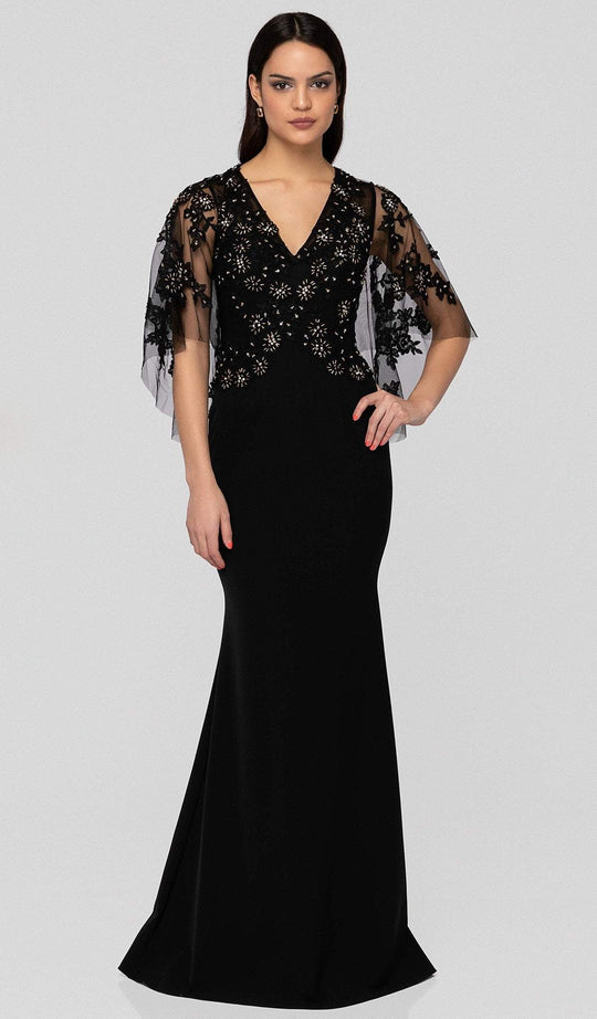 Terani Couture - 1912M9350 Floral Applique Plunging Neck Trumpet Dress In Black