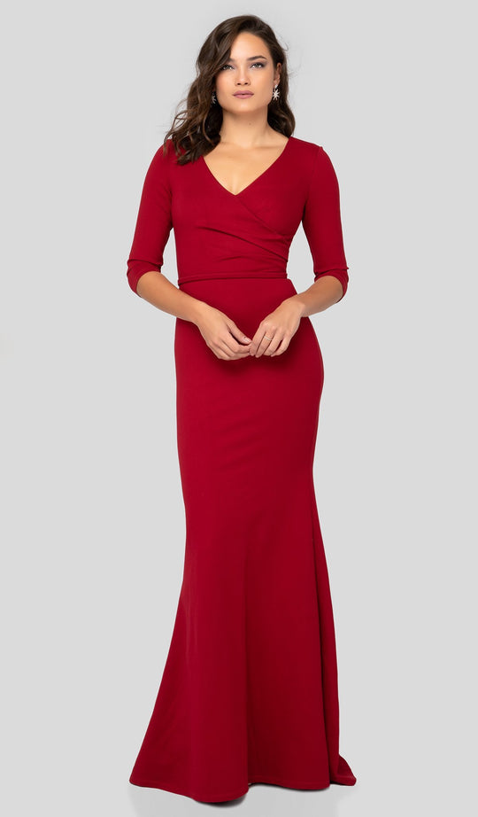 Terani Couture - 1912M9354 Quarter Sleeve Draped Surplice Gown In Red