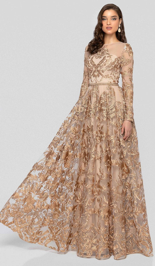 Terani Couture - 1912M9366 Embroidered Long Sleeve A-line Dress In Brown