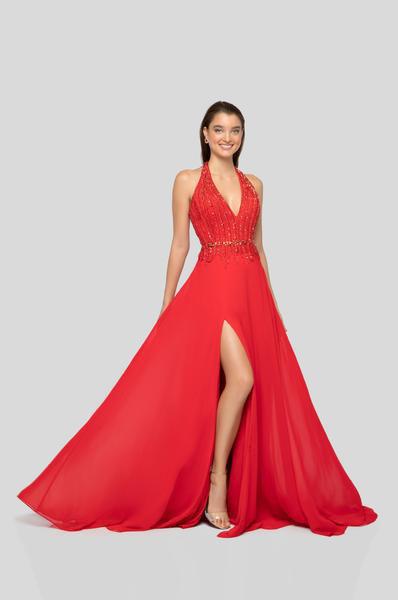 Terani Couture - 1912P8223 Beaded Plunging Halter Dress In Red
