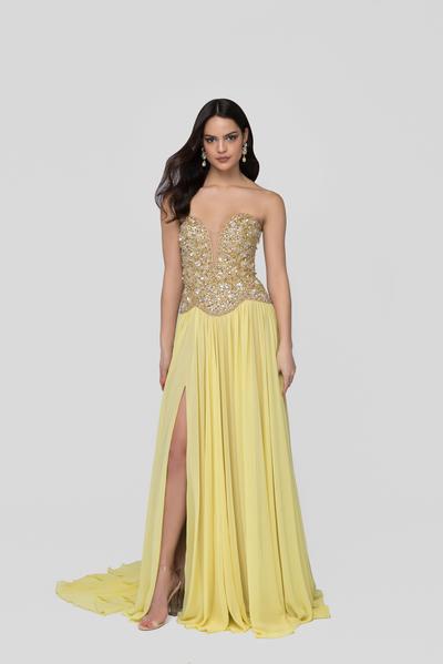Terani Couture - 1912P8239 Beaded Plunging Sweetheart Dress In Yellow