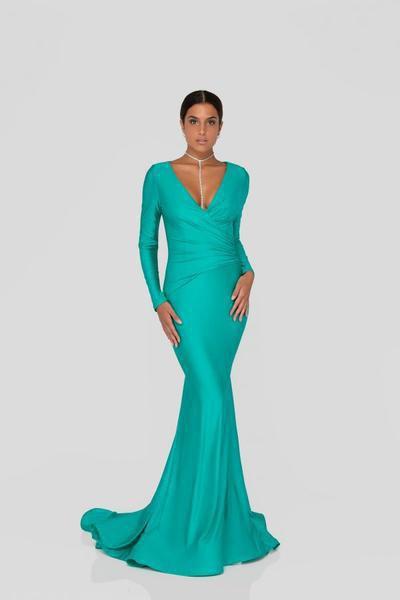 Terani Couture - 1912P8281 Long Sleeve Open Back Satin Mermaid Gown In Green 