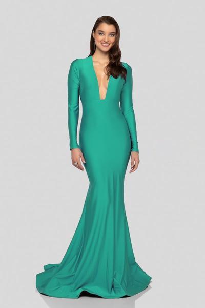 Terani Couture - 1912P8285 Long Sleeve Plunging V-Neck Mermaid Gown In Green