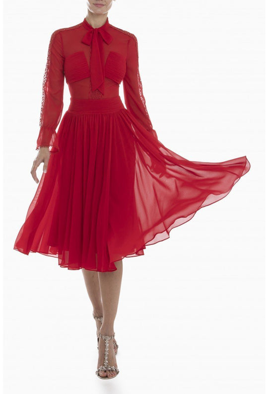 Terani Couture - 1912C9642 Sheer Long Sleeve High Neck A-line Dress In Red