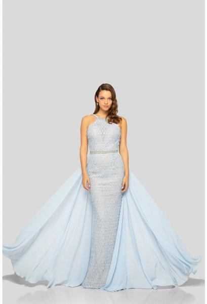 Terani Couture - 1912P8235 Embroidered Halter Dress With Overskirt In Blue