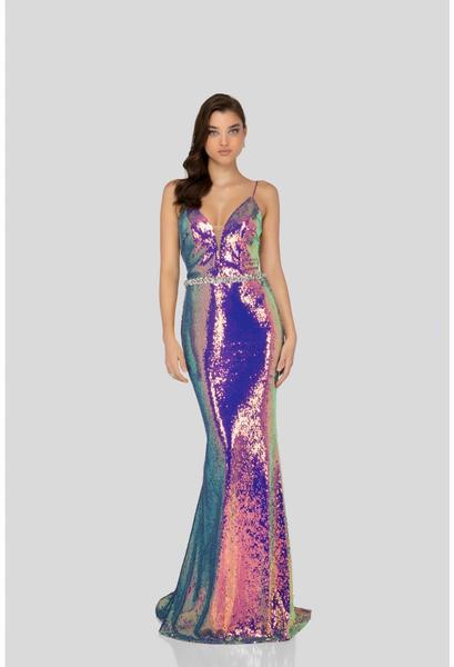 Terani Couture - 1912P8241 Iridescent Sequined Deep V-neck Dress In Multi-Color