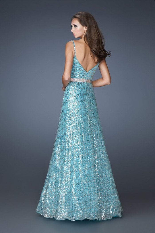 La Femme - 19136 Spaghetti Straps Sequined Gown In Blue
