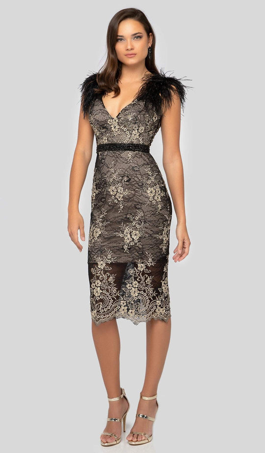 Terani Couture - 1913C9062 Lace and Feathered Plunging V-neck Dress In Black and Gold