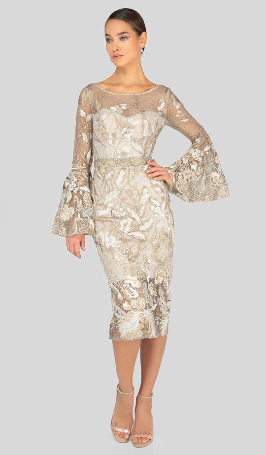 Terani Couture - 1913C9065 Long Bell Sleeve Embroidered Lace Dress In Neutral