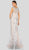 Terani Couture - 1913E9226 Patterned V-neck Fitted Dress With Train In White and Silver