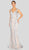Terani Couture - 1913E9226 Patterned V-neck Fitted Dress With Train In White and Silver