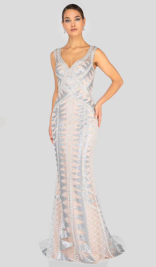 Terani Couture - 1913E9226 Patterned V-neck Fitted Dress With Train In White and Silver