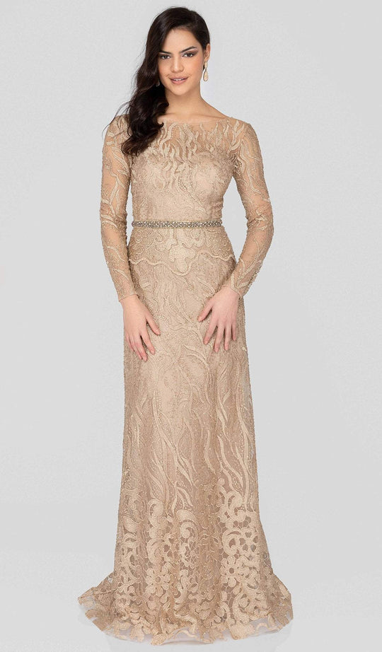 Terani Couture - 1913E9229 Embellished Lace Long Sleeve A-line Dress In Gold and Neutral