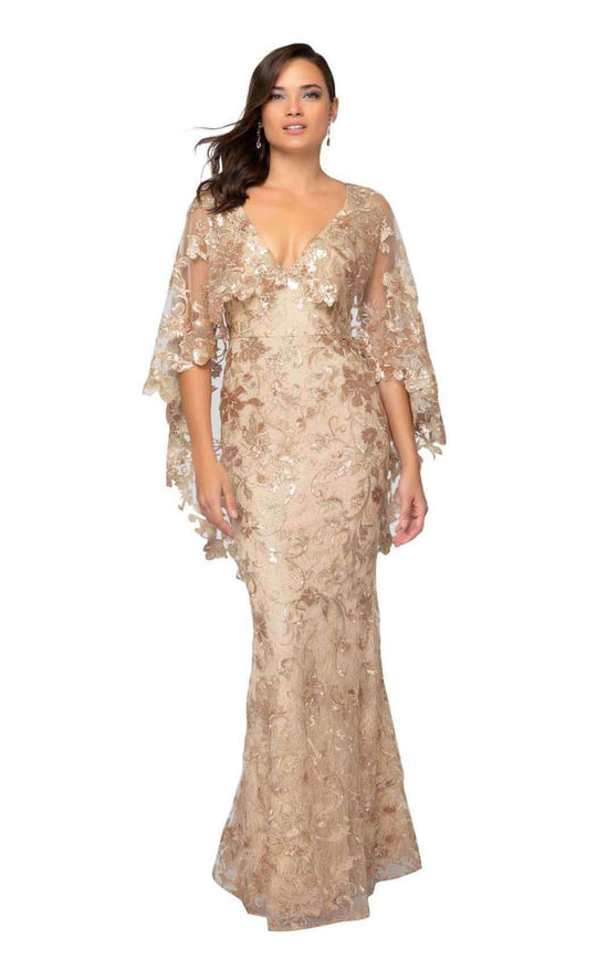 Terani Couture - 1913E9232 Embroidered V-neck Dress With Cape Sleeves