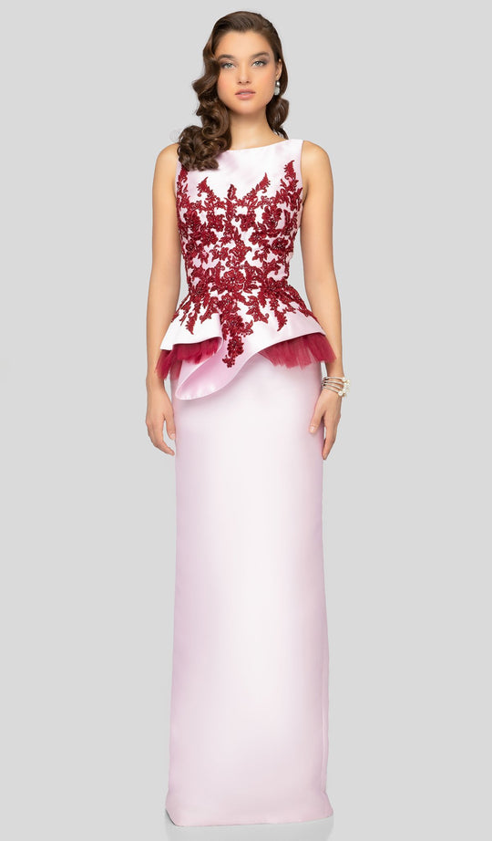 Terani Couture - 1913E9244 Floral Embroidered Bateau Column Dress In Pink and Red