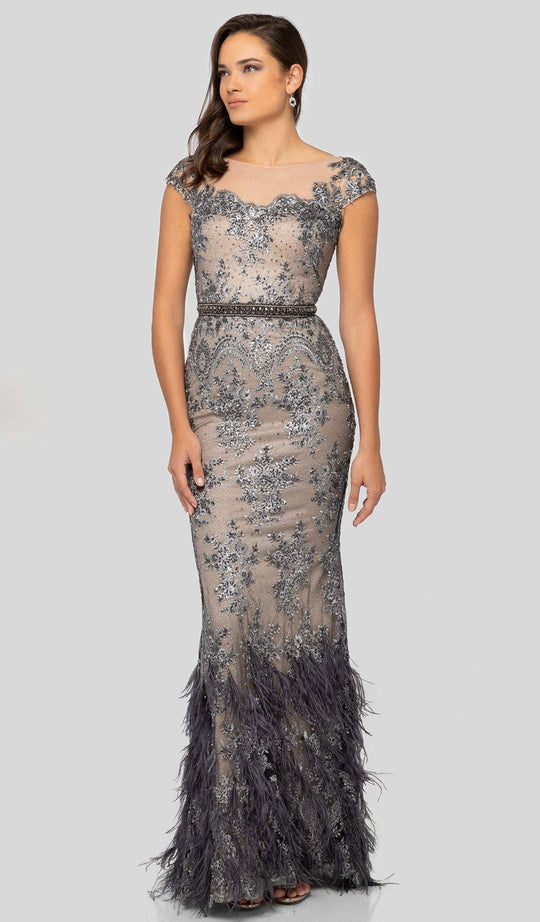 Terani Couture - 1913E9250 Embellished Illusion Bateau Feathered Dress In Gray and Neutral