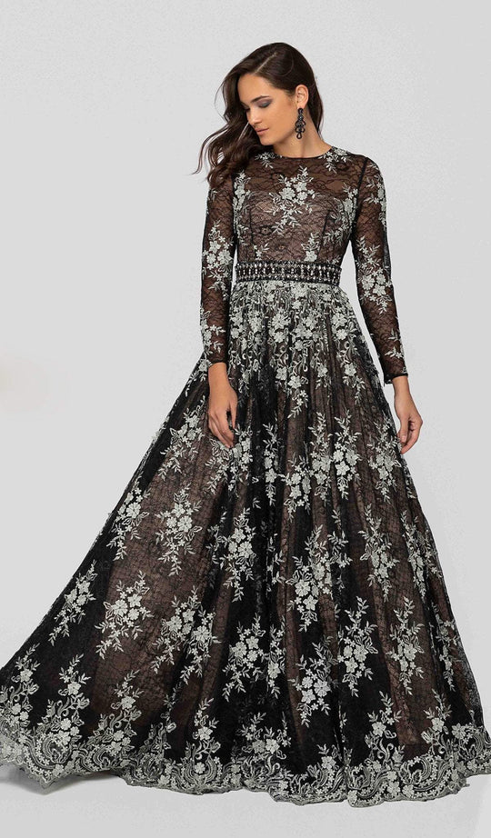 Terani Couture - 1913E9251 Embellished Lace Long Sleeve A-line Gown In Black and Neutral