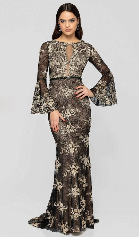 Terani Couture - 1913E9257 Lace Long Bell Sleeve Trumpet Dress In Black and Gold