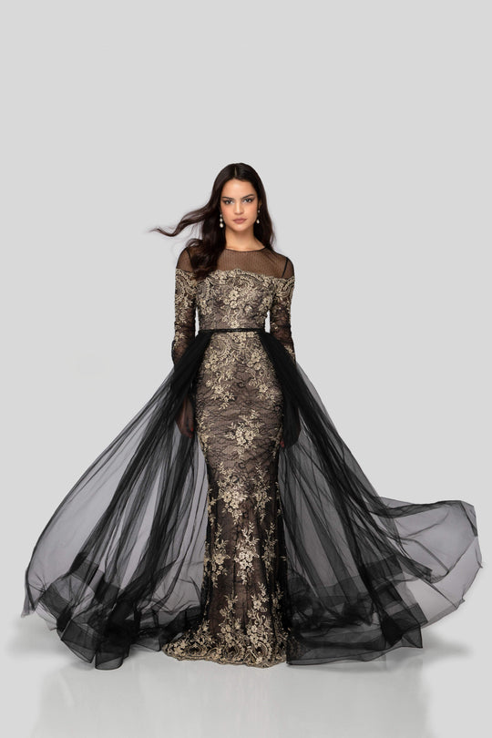 Terani Couture - 1913E9258 Lace Illusion Jewel Dress With Overskirt In Black and Gold