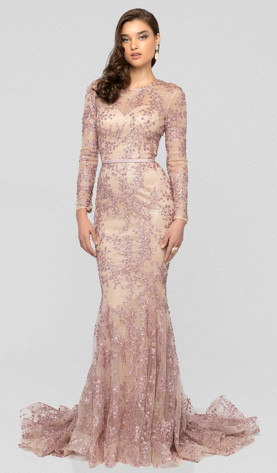 Terani Couture - 1913E9271 Embroidered Long Sleeve Trumpet Dress In Neutral and Purple
