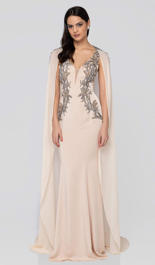 Terani Couture - 1913E9283 Embellished Deep V-neck Trumpet Dress in Pink and Grey