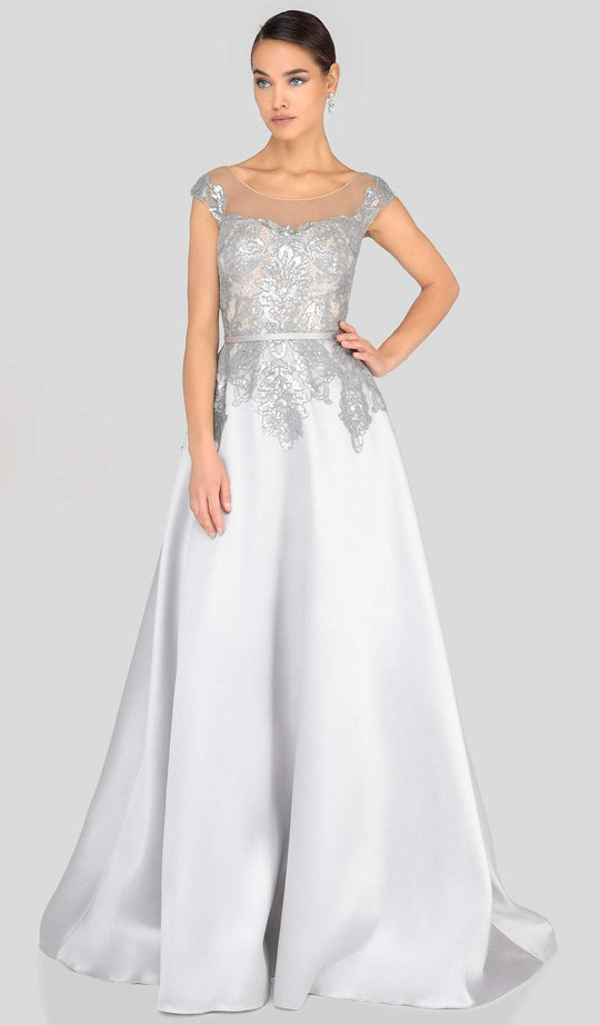 Terani Couture - 1913E9285 Embroidered Illusion Neck A-line Gown In Silver and Nude