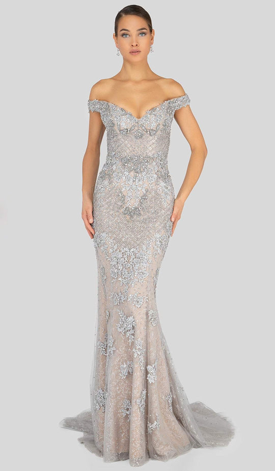 Terani Couture - 1913GL9586 Embellished Off-Shoulder Trumpet Dress In Nude and Silver