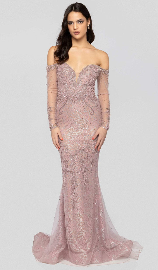 Terani Couture - 1913GL9587 Embellished Plunging Off-Shoulder Dress In Pink and Nude