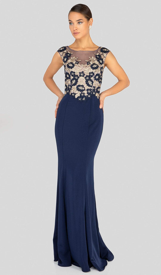 Terani Couture - 1913M9398 Cap Sleeve Blossom Appliqued Sheath Gown In Blue and Multi-Color