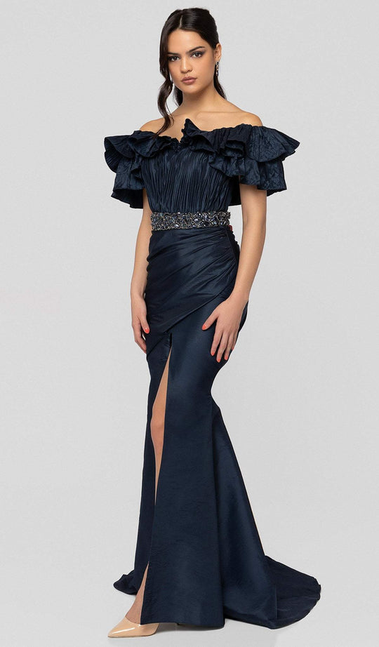 Terani Couture - 1913M9411 Ruffled Off-Shoulder Ruched Trumpet Dress