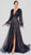 Terani Couture - 1913M9414 Lace Plunging V-neck A-line Dress In Blue and Nude