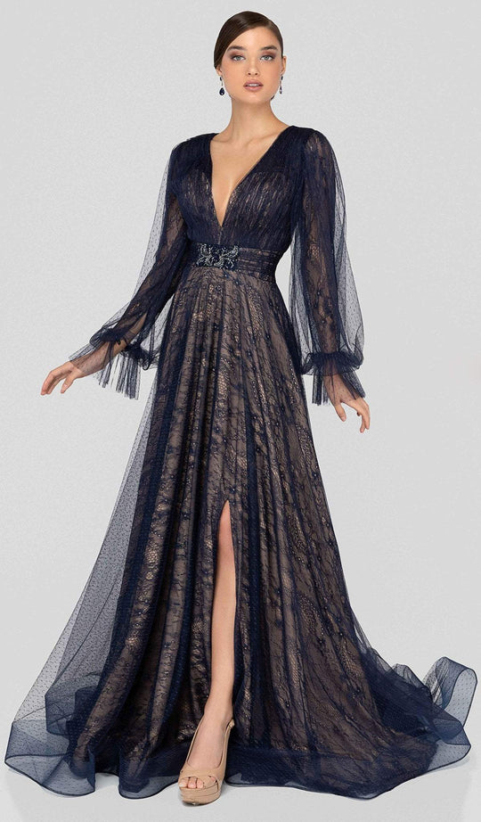 Terani Couture - 1913M9414 Lace Plunging V-neck A-line Dress In Blue and Nude