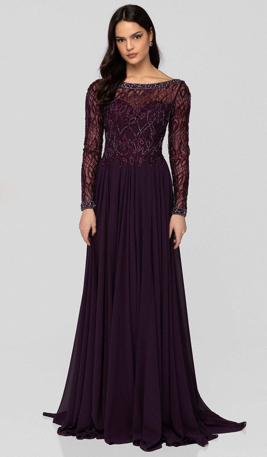 Terani Couture - 1913M9419 Embellished Long Sleeve Bateau A-line Dress In Purple