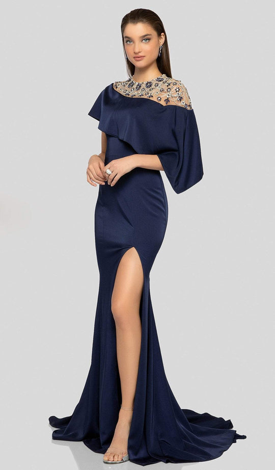 Terani Couture - 1913M9431 Embellished High Neck Trumpet Dress In Blue