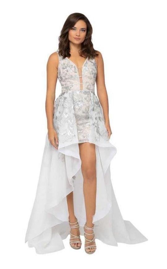 Terani Couture - 1913P8312 Embellished Deep V-neck High Low Dress