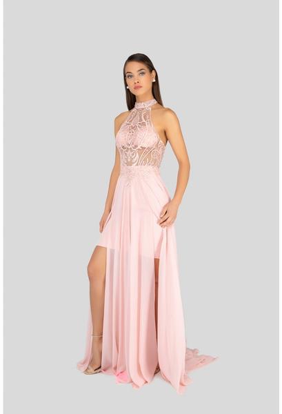 Terani Couture - 1913P8298 Sheer High Halter Evening Dress In Pink