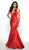 Flair Prom - 19143 Plunging Halter Neckline Satin Jersey Mermaid Gown In Red