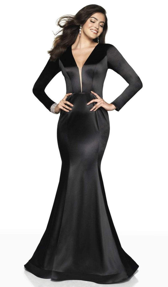Flair Prom - 19144 Illusion Plunging Neck Long Sleeve Mermaid Gown In Black